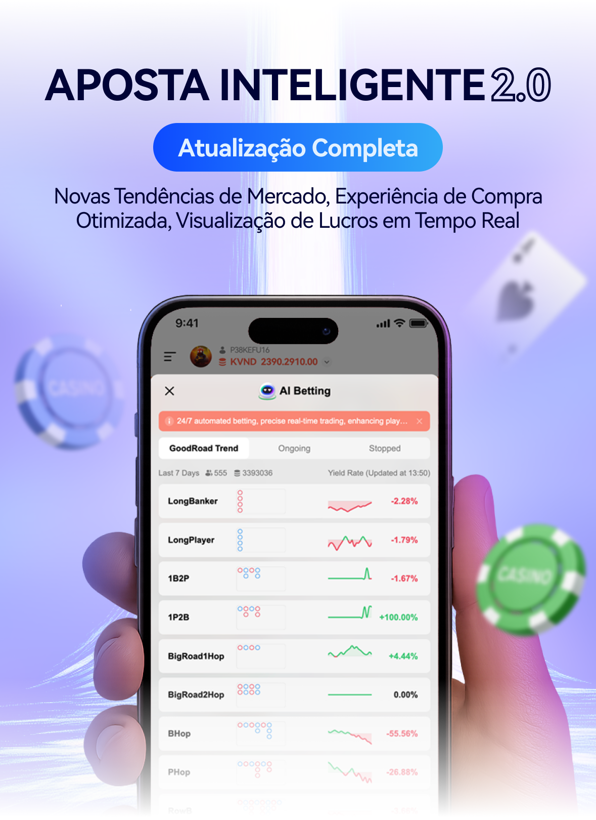 Smart Betting 2.0 - Novo sistema de apostas inteligentes 24 horas 💥

•⁠ Perceba as oportunidades e assuma o controlo 📈

Monitorize as flutuações do mercado em tempo real, analise de forma inteligente as alterações nas probabilidades, forneça as sugestões de apostas mais valiosas e obtenha feedback em tempo real sobre as curvas de lucro da estratégia, para que possa compreender a situação a qualquer hora e em qualquer lugar.

•⁠⁠Experiência perfeita, envolva-se a qualquer momento💻

Perfeitamente adaptado a dispositivos móveis, confirme apostas com um clique. Supere os limites de tempo com a nova função de apostas inteligentes 24 horas por dia, 7 dias por semana, e o sistema estará sempre a funcionar para si, independentemente do dia ou da noite.

A nova função de apostas inteligentes torna o jogo ao seu alcance